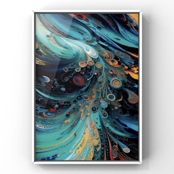 Modern turquoise color with orange touch wavy abstract wall art print - Picture 3 of 4